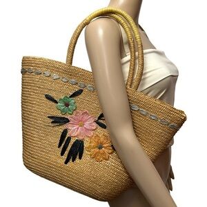 Vintage Rattan Straw Wicker Lined Raffia Flowers Bag Purse Coastal Boho Basket